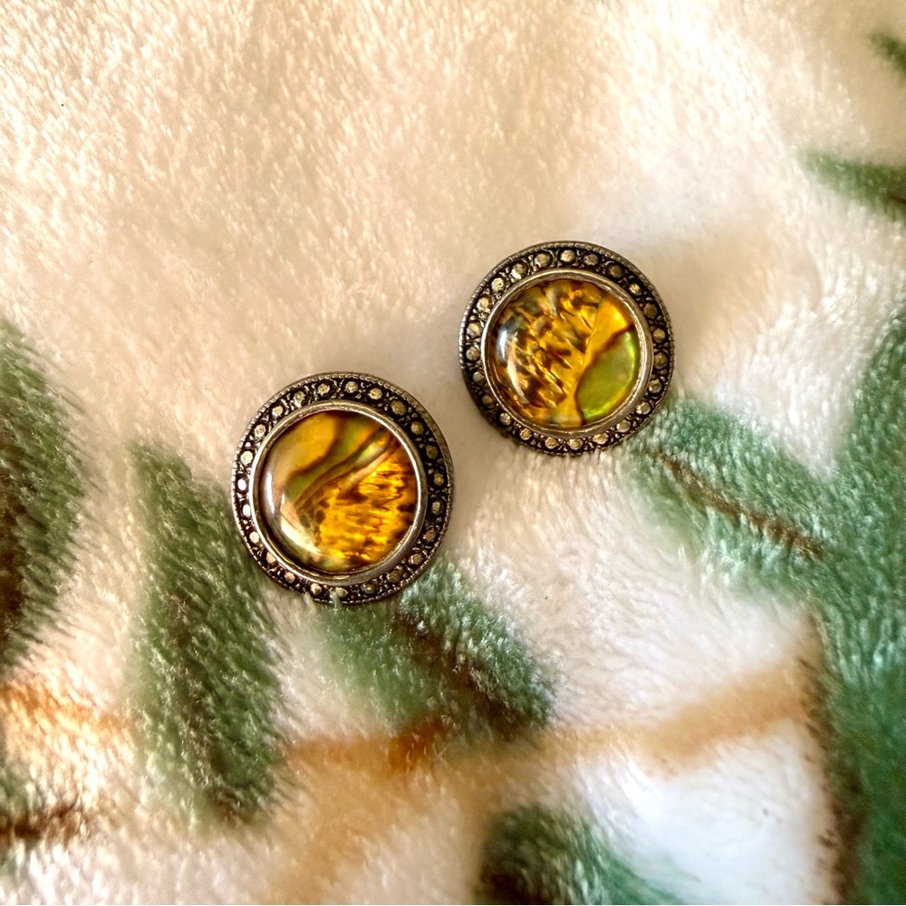Vintage Amber Abalone Opal Silver Statement Stud Earrings 🌿